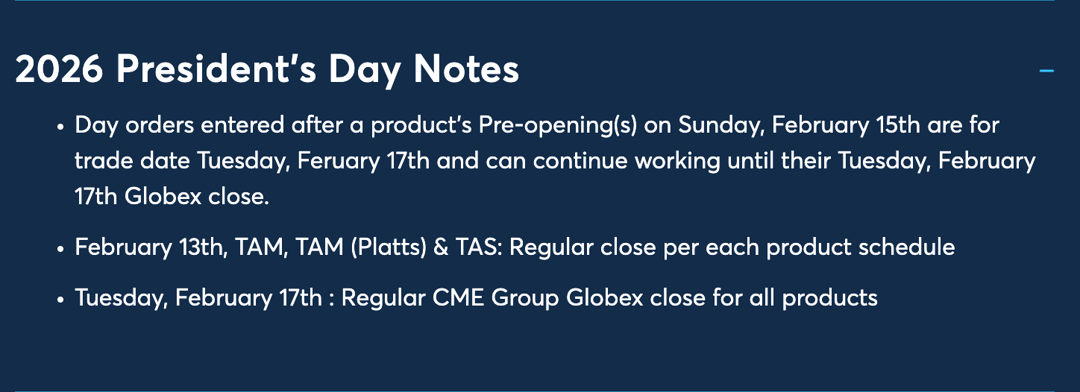 CME Presidents Day - Holiday Trading Schedule-notes -2026