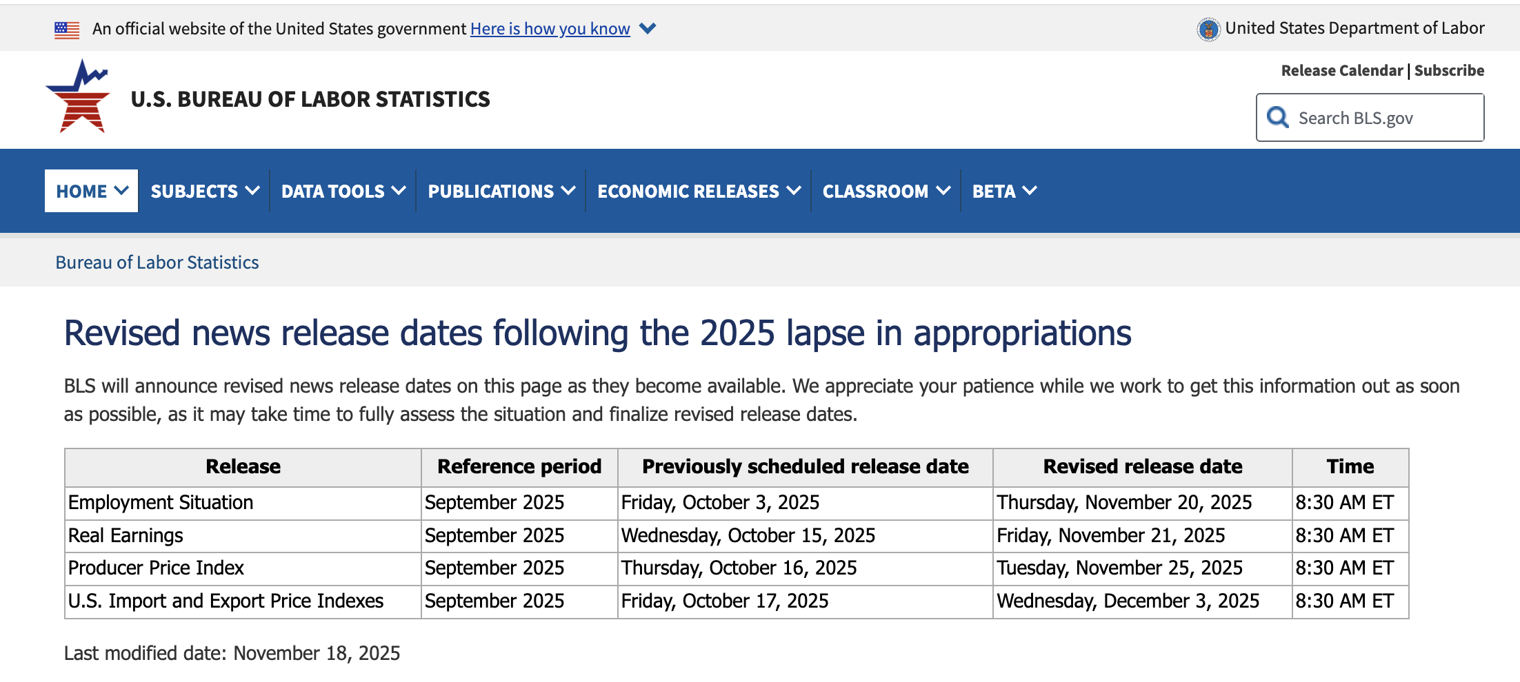 U.S. Bureau of Labor Statistics-Revised news release dates