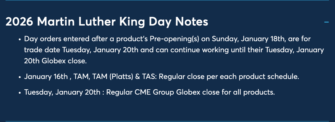 US Martin Luther King Day Holiday Trading Schedule-2026-notes